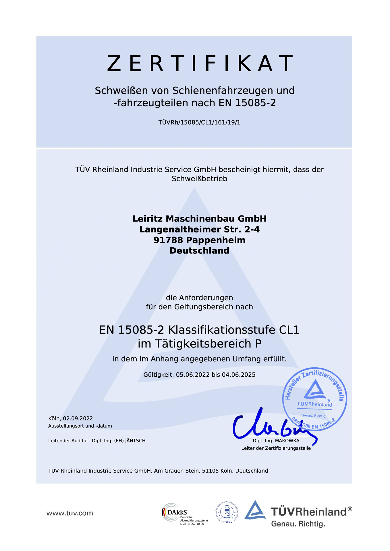Der Schweißfachbetrieb Leiritz Maschinenbau ist nach EN 15085-2 zertifiziert.