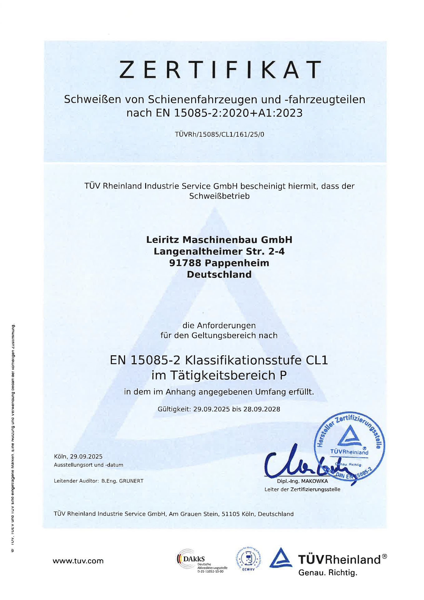 Leiritz ist zertifizierter Schweissfachbetrieb nach EN-15085 CL1.